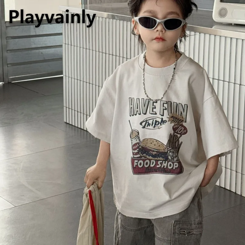 

Children Clothes 2025 New Summer Milky White Black Crewneck Short Sleeve Letter Cartoon T-shirt Boy and Girls Trendy Tees A40223