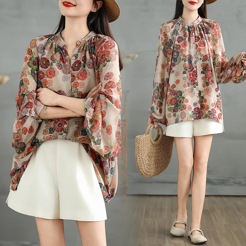 

Осенняя винтажная Свободная рубашка SuperAen 2024 с цветочным принтом и длинными рукавами для женщин