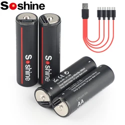 Soshine USB AA 2600mWh Lithium Batteries 1.5V 2600mWh Li-Ion Rechargeable Battery with 4-in-1 USB Cable for Remote Control Mouse