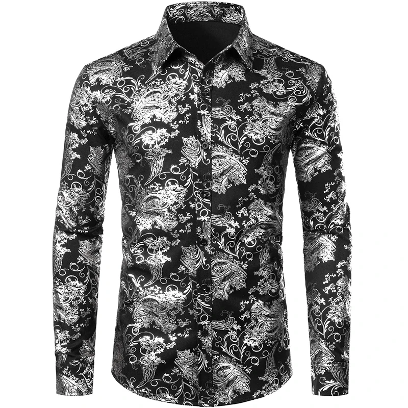 Camisa de vestido floral dourada masculina, estampa 3D completa, manga longa, camisa de botão para festa, vestido casual, tops luxuosos, blusa