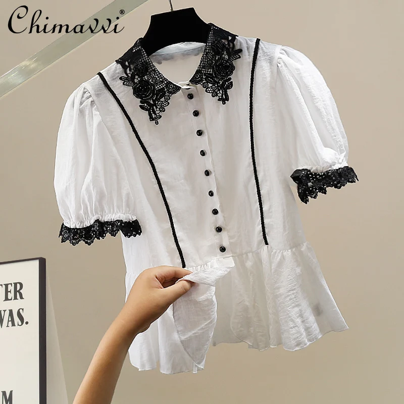 Korean Fashion Heavy Flower Sequin Splicing Bubble Sleeve Shirt Summer New Lapel Short Sleeve Slim Temperament Short Blouse Top