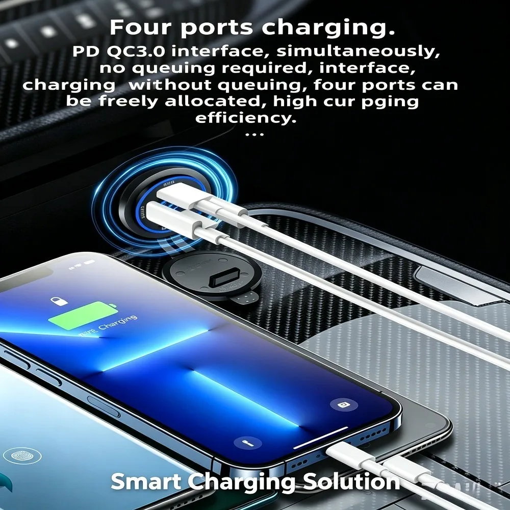 New 4-Port Car Charger Socket with LED Light Ring Digital Voltmeter, 30W PD Fast Charging, Universal for 12V/24V Cars and Boats