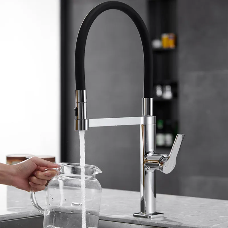 ทองแดงดึงลงก๊อกน้ําอ่างล้างจานดาดฟ้าติดตั้ง Mixer TAP 360 องศาหมุนอ่างล้างจานร้อนเย็นก๊อก Crane Gun สีเทา/สีดํา