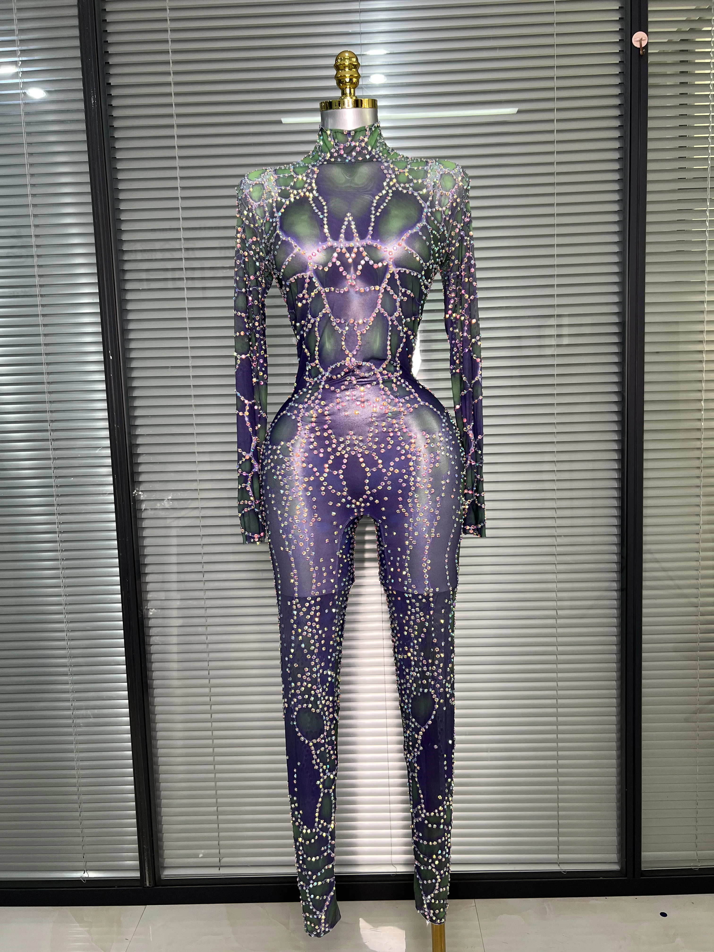 

Women Sexy Crystal Sheer Printed Bodycon Jumpsuit Celebrity Designer Dancer See Through Night Club Rompers