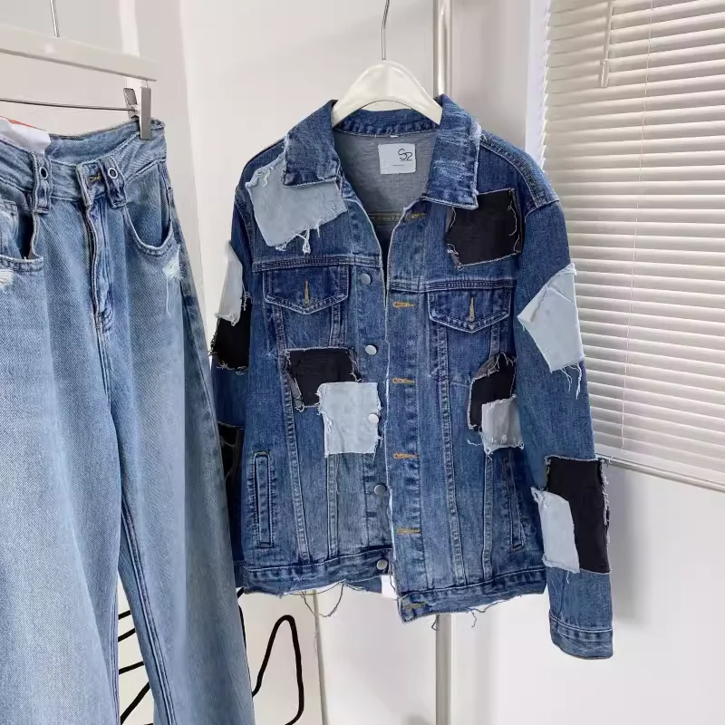 

Женская джинсовая куртка с отложным воротником, осенняя свободная повседневная джинсовая куртка в стиле ретро с цветными блоками, женская универсальная лоскутная верхняя одежда