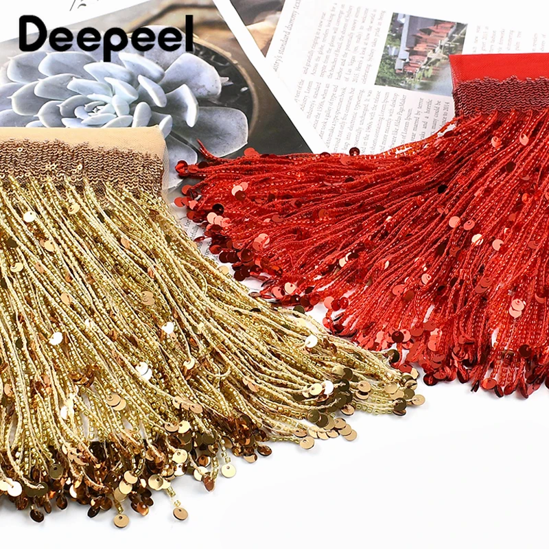 

1-4Meter(1Roll=4M) 20cm Sequins Fringe Tassels for Curtain Beaded Lace Trim Latin Dress Decor Tassel Fringes Sewing Accessories
