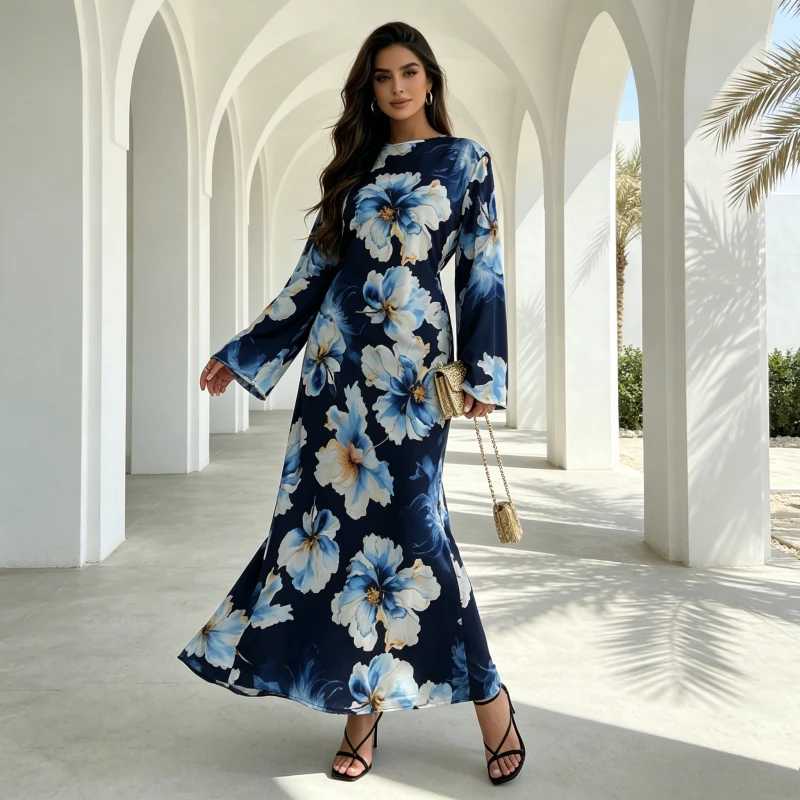Bild 3: Eid Damenkleid Ramadan Abaya Blumendruck Party Vestidos Largos Muslim 2026 Jalabiya Marokko Kaftan Dubai Islam Arabisches Langes Gewand