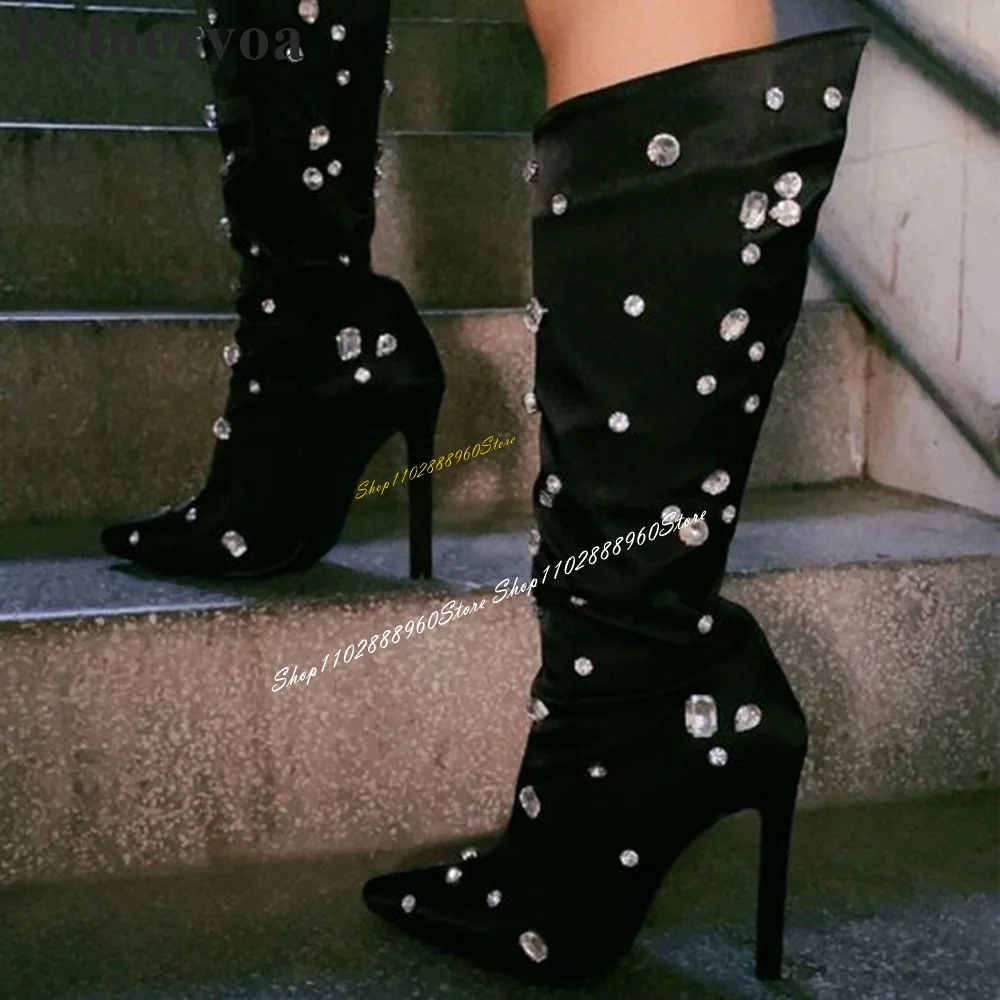 Knee High Black Satin Crystal Beveled Boots Thin High Heel Women Shoes Side Zipper Pointed Toe 2024 Fashion Zapatos Para Mujere