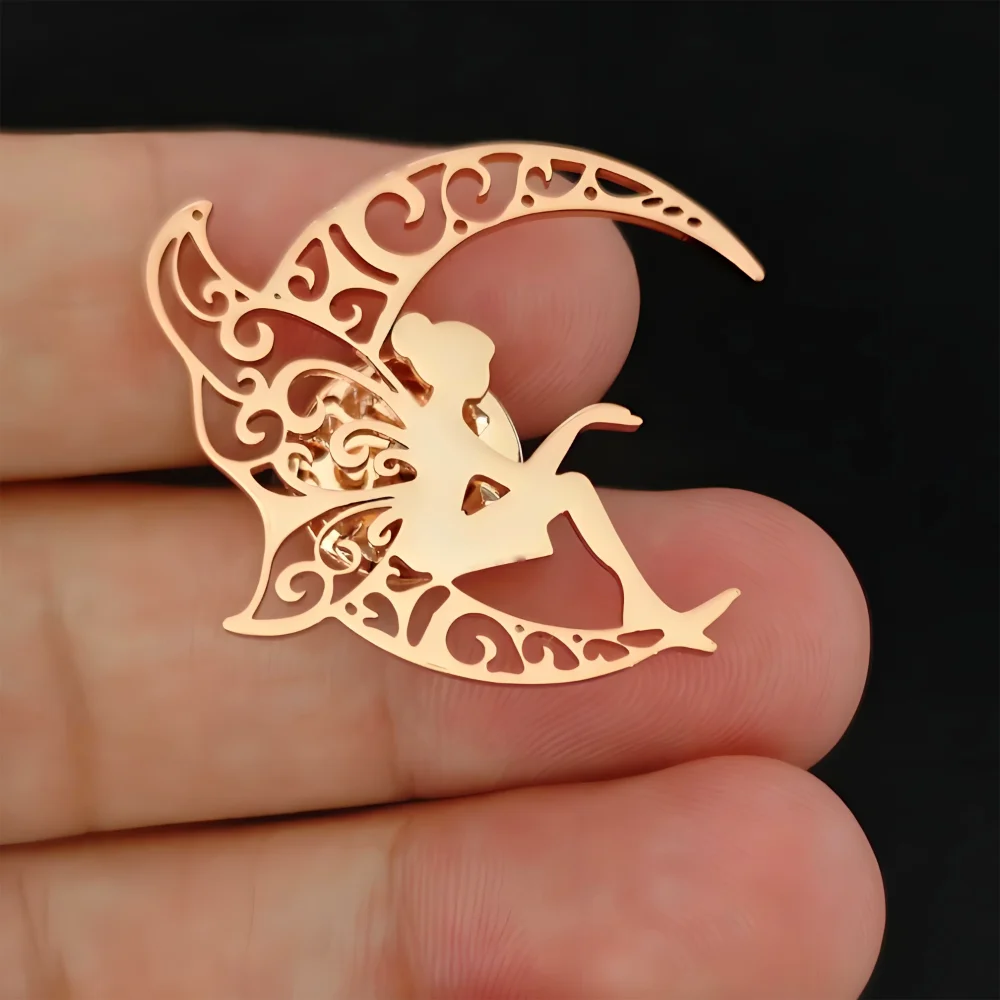 Fairy Moon Brooch, Hollow - Patterned Silhouette Jewelry, Ideal for Bohemian Outfits, Whimsical Gifting & Fantasy Styles