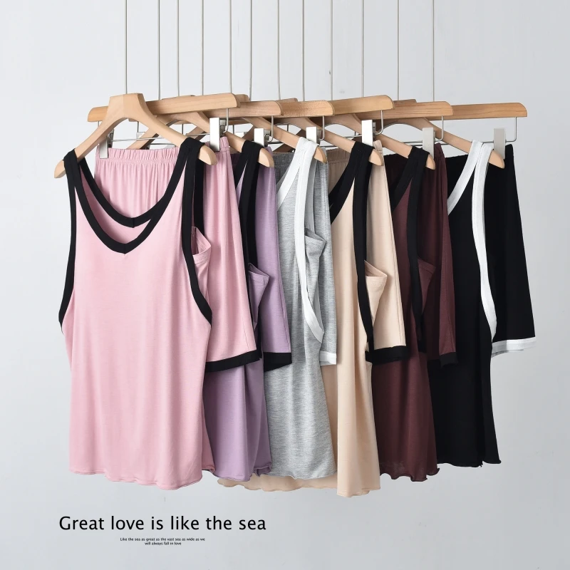 Modal Tank Top Shorts Set Women's Casual Home Clothes Chest Pad Large Size Slimming Two-Piece Set Sleepwear Summer Thin