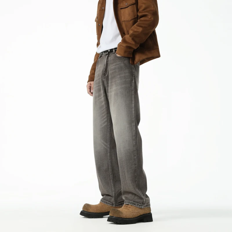 2024 fall new men's jeans Trendy simple straight loose jeans high-end washed khaki men's pants
