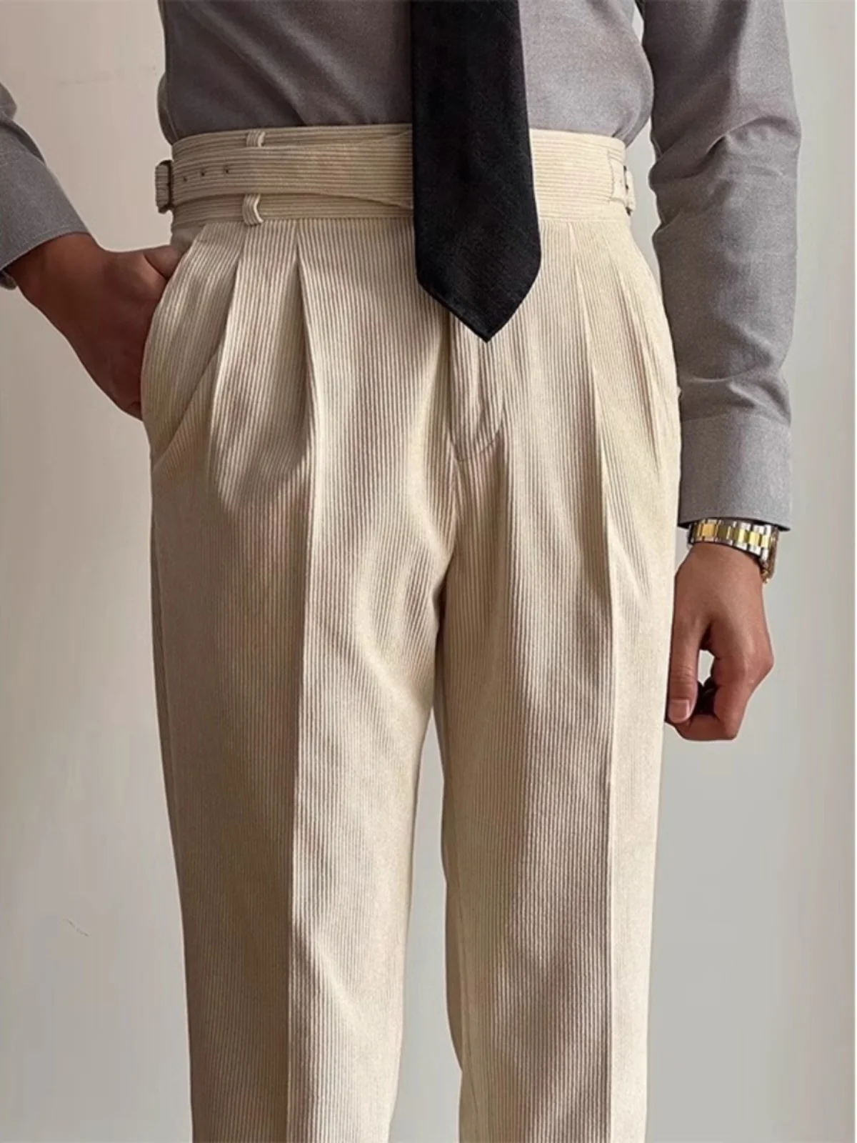 

Мужские вельветовые брюки с высокой талией для осени и зимы, теплые, прямого кроя, повседневные, для молодых мужчин