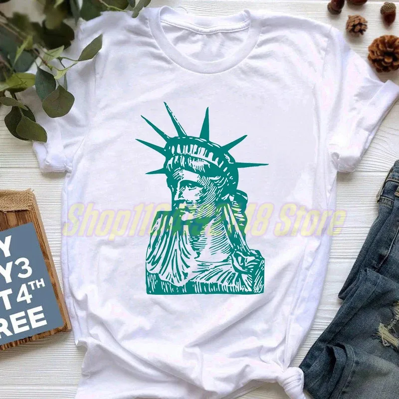 American Retro Style Funny Statue Of Liberty Design Short Sleeve T-shirt For Women New York Loose Fit Versatile Summer T-shirt