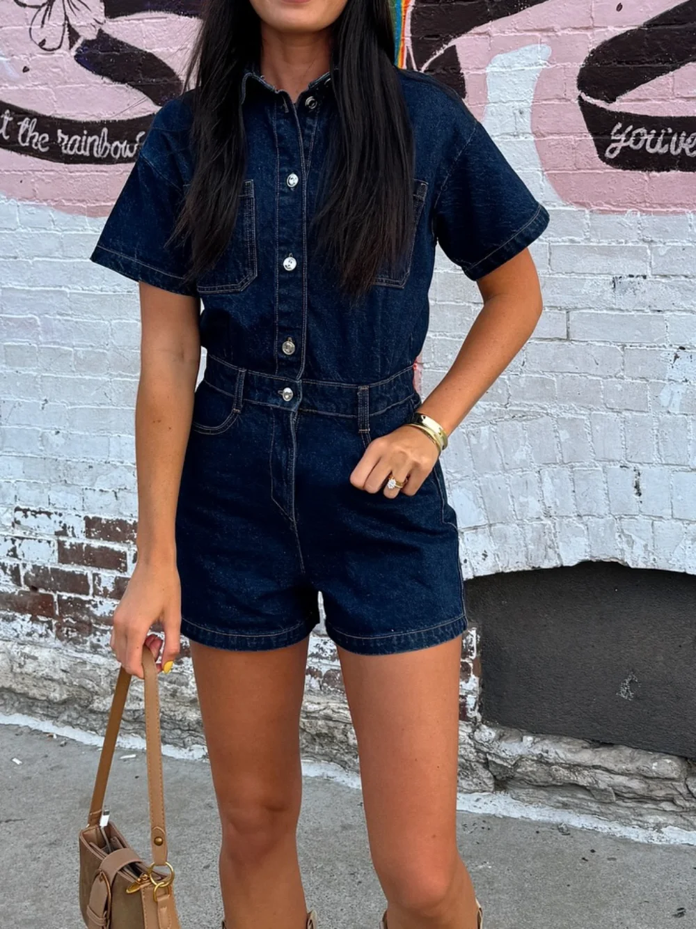 Women's Fashion Retro Lapel Single Breasted Pocket Decoration Short Sleeve Denim Jumpsuit Slim Fit Casual Zipper Jumpsuit Shorts