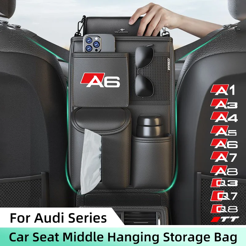 Car Seat Middle Storage Bag For AUDI A1 A3 A4 A5 A6 A7 A8 Q3 Q7 Q8 TT Armrest Hanging Organizer Handbag Holder Tissue Storage