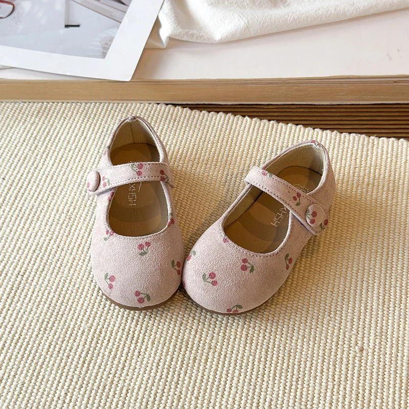 Girls Mary Jane Flats, Cherry Floral Print Casual Dress Shoes, Hook and Loop Strap Soft Sole Walking Shoes