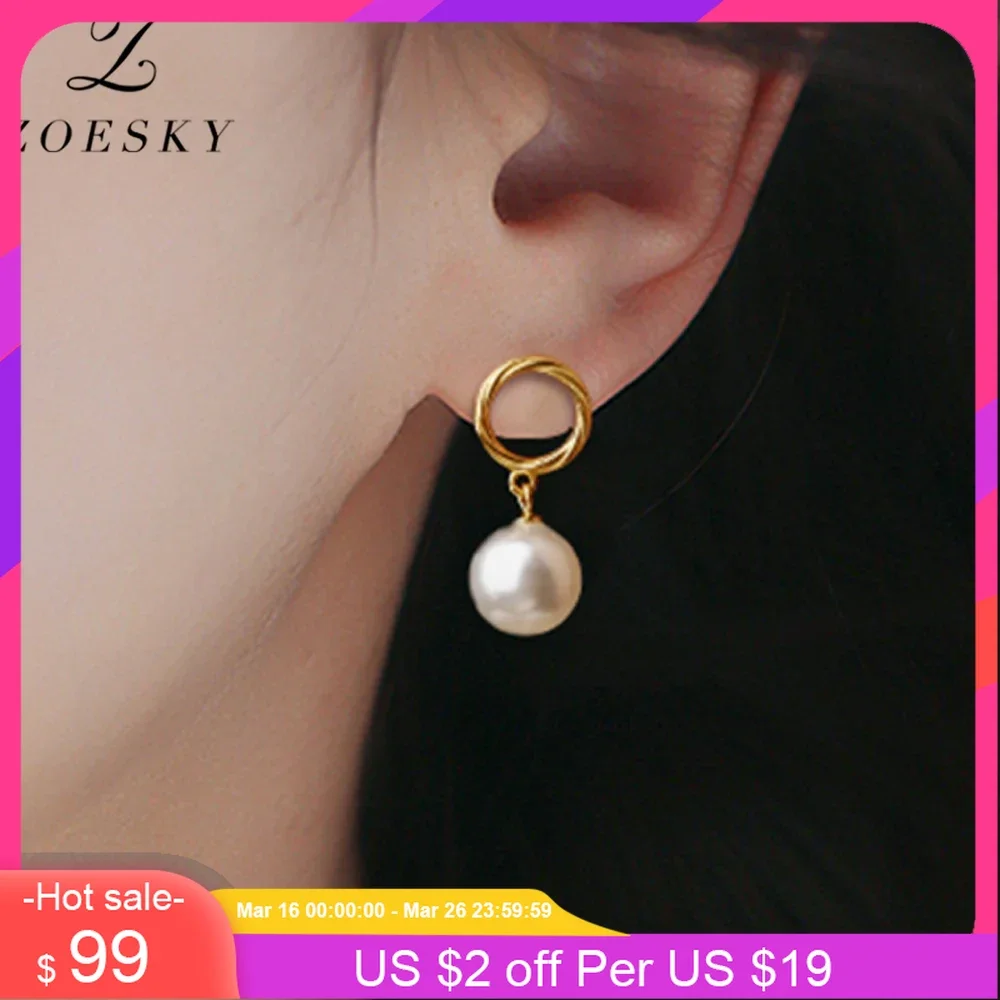 

Zoesky Round Pearl 925 Sterling Silver Twist Hoop Stud Earrings For Women High Quality Pendent Earring Wedding Party Gifts