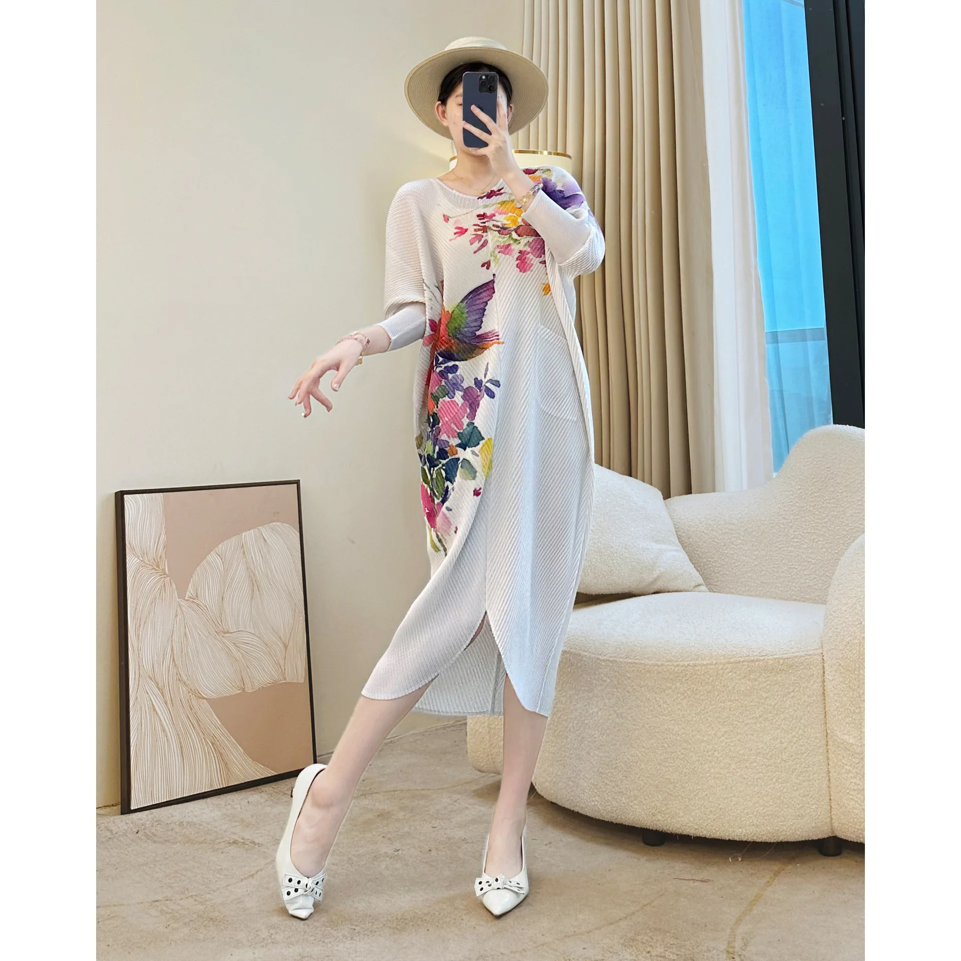 

Miyake Pleated Dress for Women, U-shaped Collar, Bat Sleeves, Slit, Splicing, Print, Loose and Elegant A-line Skirt, Autumn 2025