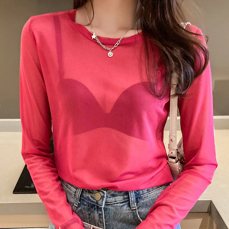 Size M-3XL Girls Mesh T-Shirts Tees Female Transparent Full Sleeve O-neck Thin Tshirt Tops Undershirts Women