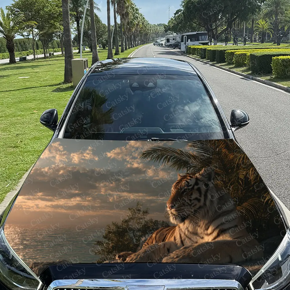 Ferocious Tiger in Golden Dusk Reflection Car Hood Stickers - Self-Adhesive, Waterproof and Durable Vinyl Wrap, Decorate And Pro