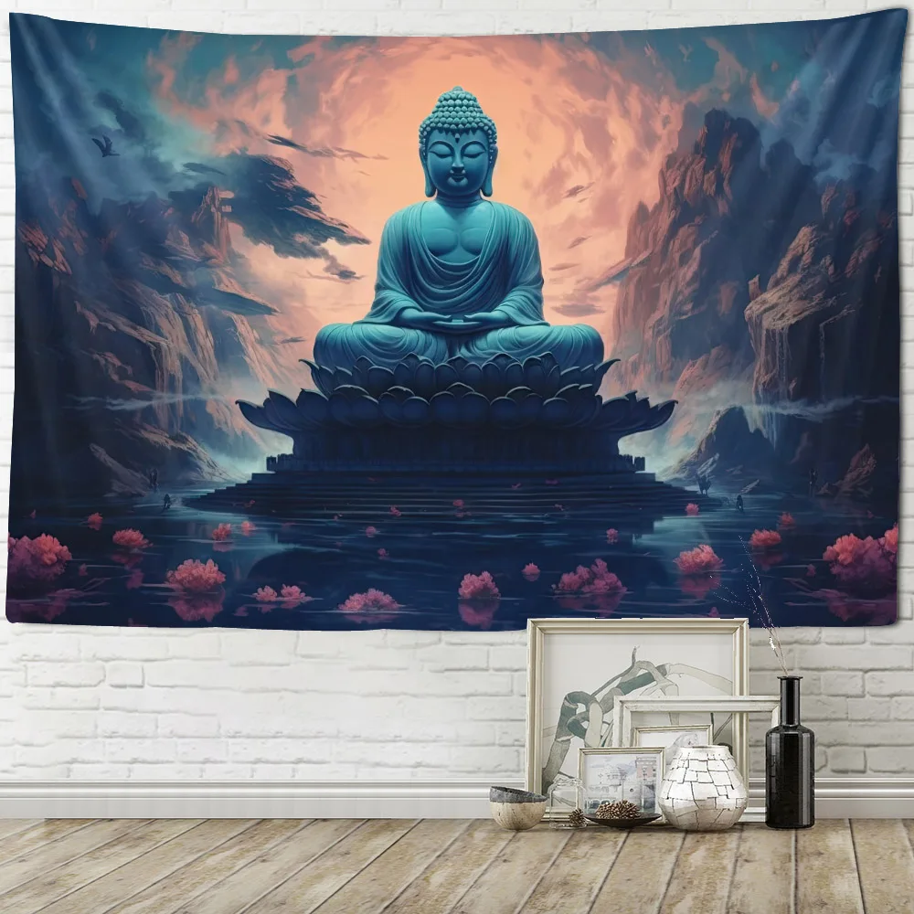 Tranquil Golden Buddha Zen Tapestry Landscape Lotus Design Bedroom Living Room Decor Fabric Hanging Artwork