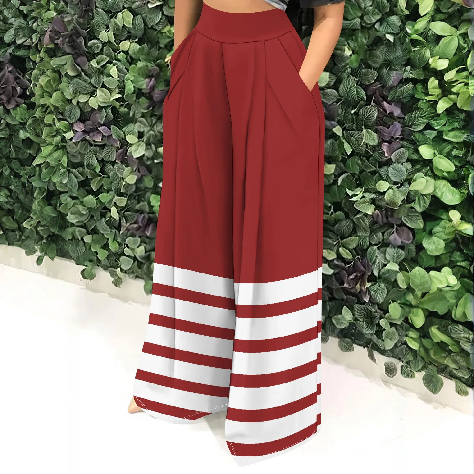 Striped Print Wide Leg Pants, High Waist Trousers, Pocket Palazzo Pants for Women Casual Summer Beach Wear, S-2XL