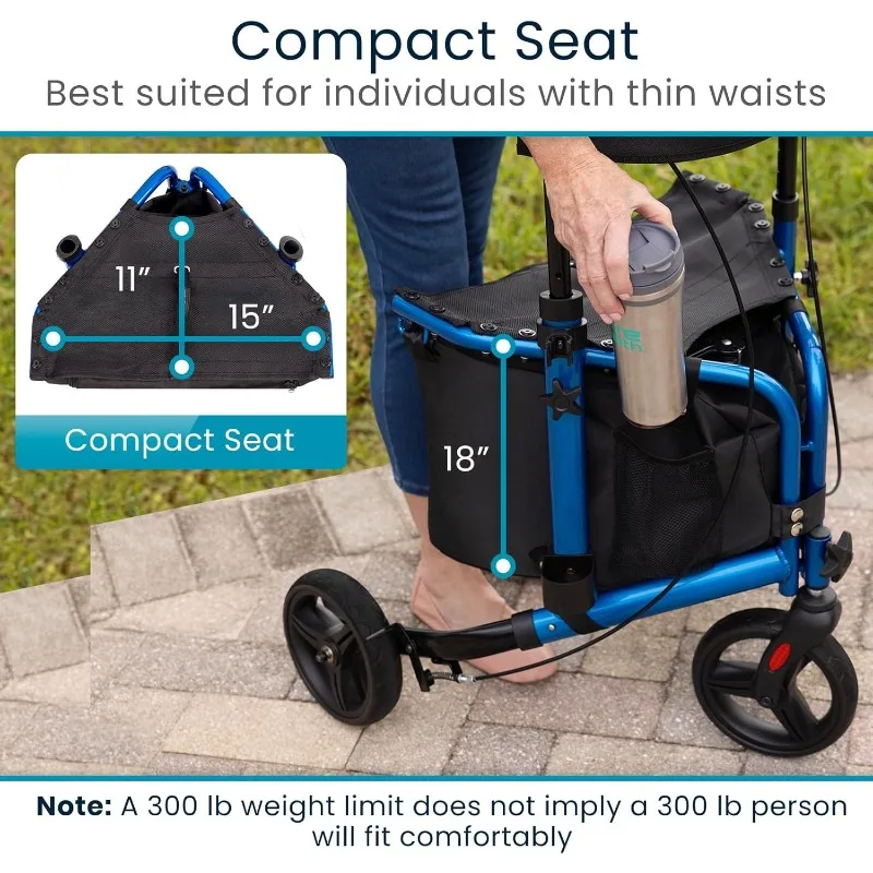 3輪歩行器（シート付き） - 高齢者・大人向け三輪歩行器 - 軽量で折りたたみ可能、シート、ブレーキ、車輪付き