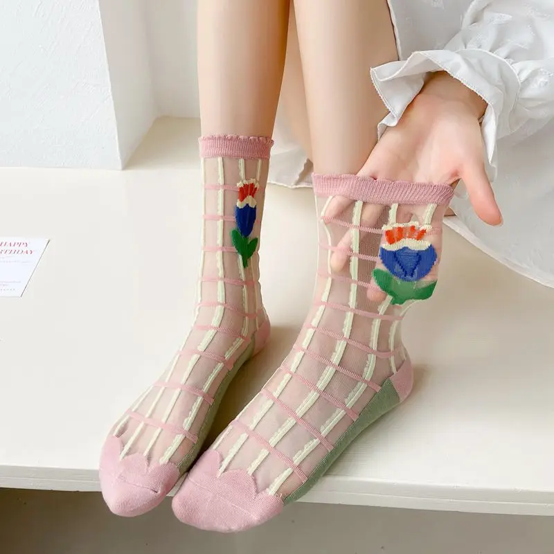 الجوارب النسائية Ins الحرير تنفس حديقة الزهور الحفلات الجوارب كلية الرياح الحلو الزجاج جوارب المرأة الصيف الصيف الكورية الجديدة