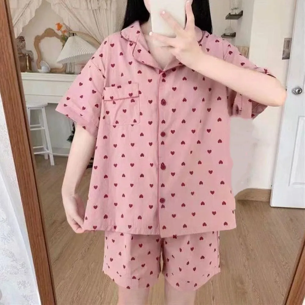 

Leopard Print Heart Pajama Suit Short Sleeve V Neck Shorts Camisole Nightwear Slim Fit Women Sleepwear Two Pieces Sleepwear Sets