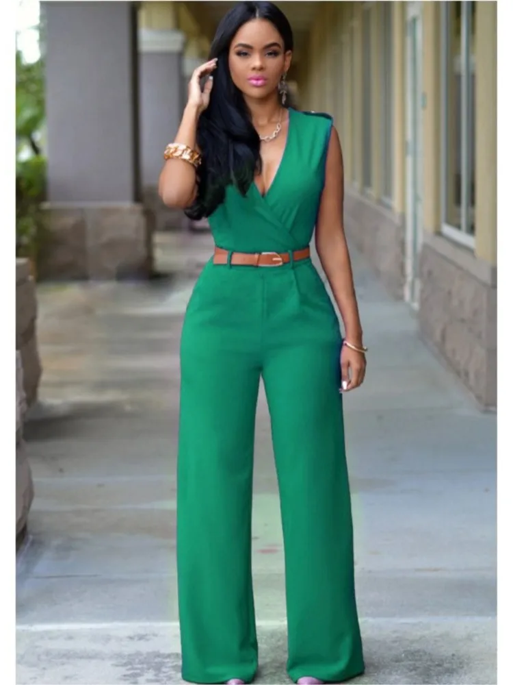 Women\'s Sexy Deep V Neck Sleeveless Solid Color Jumpsuit Fashion Slim Wrap Hip Elegant Female  Party Office Jumpsuit (with Belt)