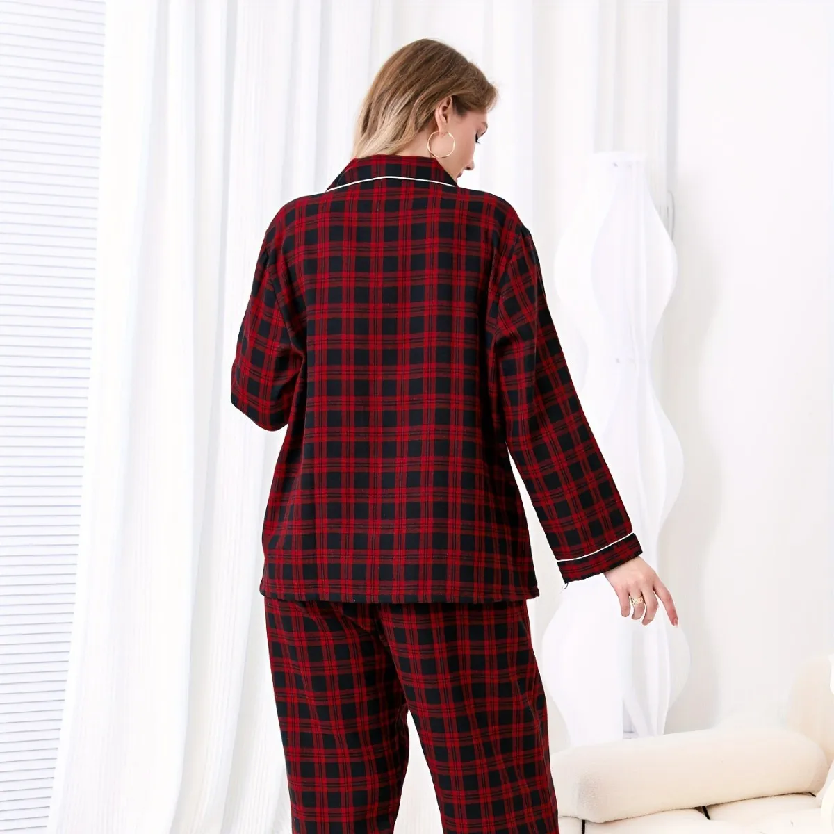 Large Size Women's Sleepwear Set Loungewear Double Long Black and Red Checkered Print Autumn and Winter Pajama Sets