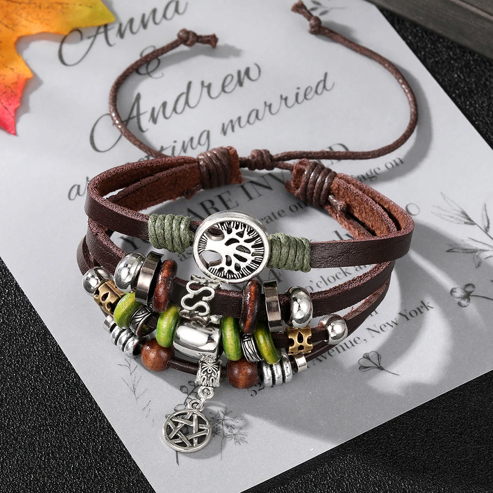 EN Woman Fashion Tree of Life Leather Bracelets for Men Punk Retro Handmade Charm Star Bracelet Women Jewelry Accessories Gifts