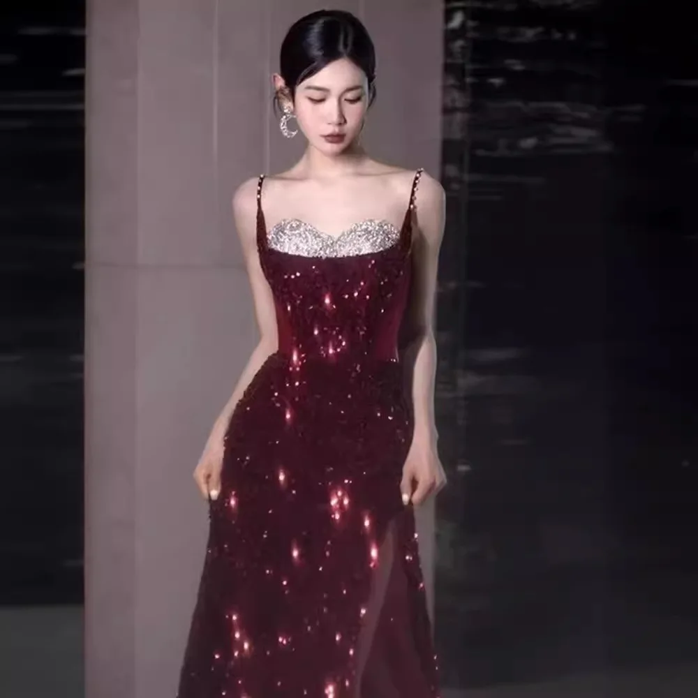 

Wine Red 2024 New Sexy Evening Dress Spaghetti Strap Sweetheart With Beading Shiny Elegant Prom Dress Vestidos De Novia