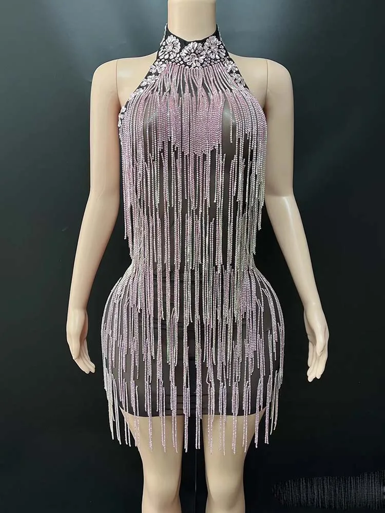 ชุดเดรสตาข่ายเซ็กซี่ประดับพู่ห้อยคอ ปั๊มร้อนคุณภาพสูง แฟชั่นใหม่ปี 2025 เสื้อผ้าผู้หญิงสั่งทำพิเศษ