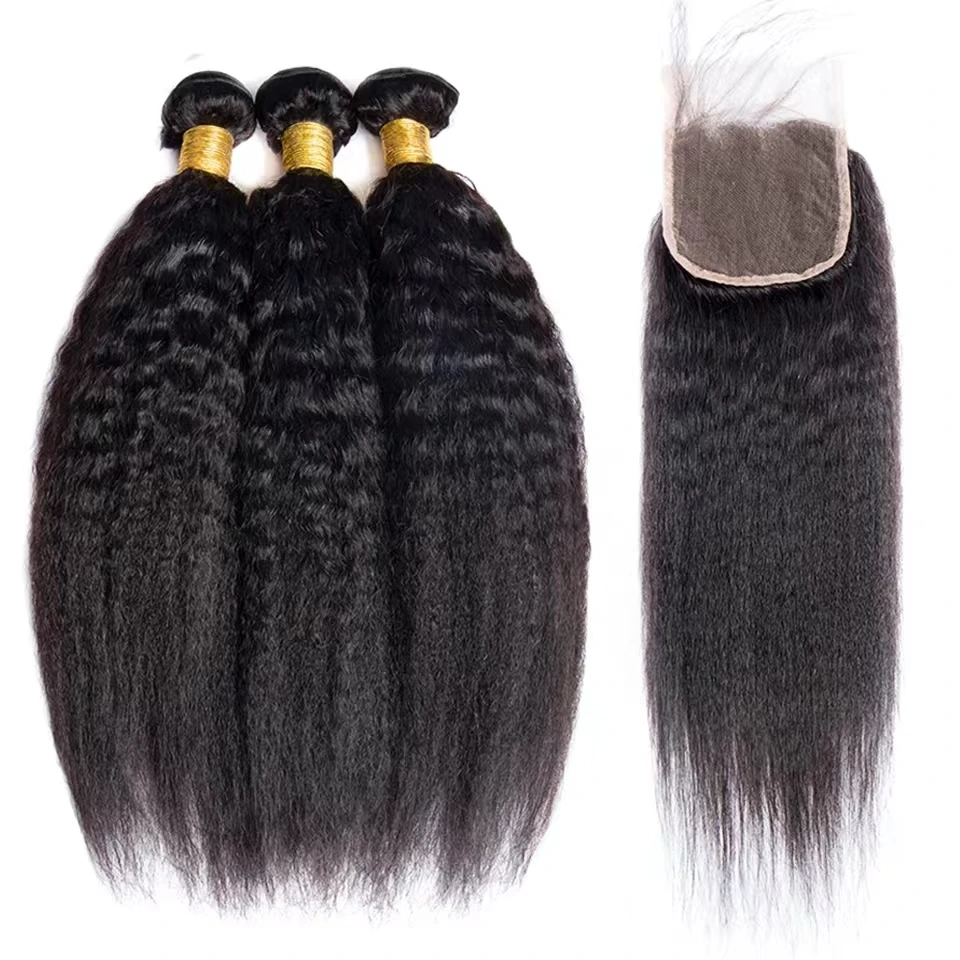 Kinky Straight Hair Bundles with Closures Yaki Human Hair Bundles with Closure 12-32inch Brazilian Raw Hair Bundles with Closure