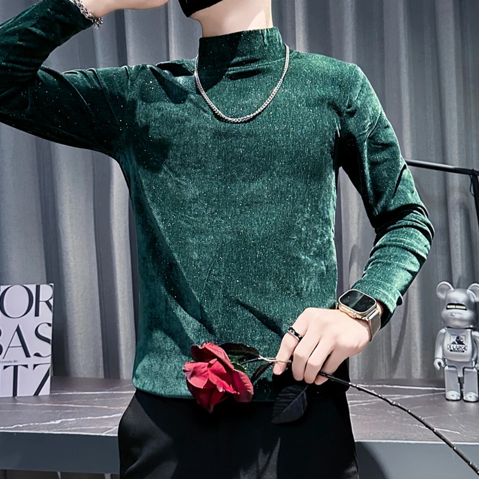 Autumn Winter Velvet Rhinestone T-shirt for Men Long Sleeve Mock Neck Bottoming Shirt Casual Business Warm T Shirt Men Clothing