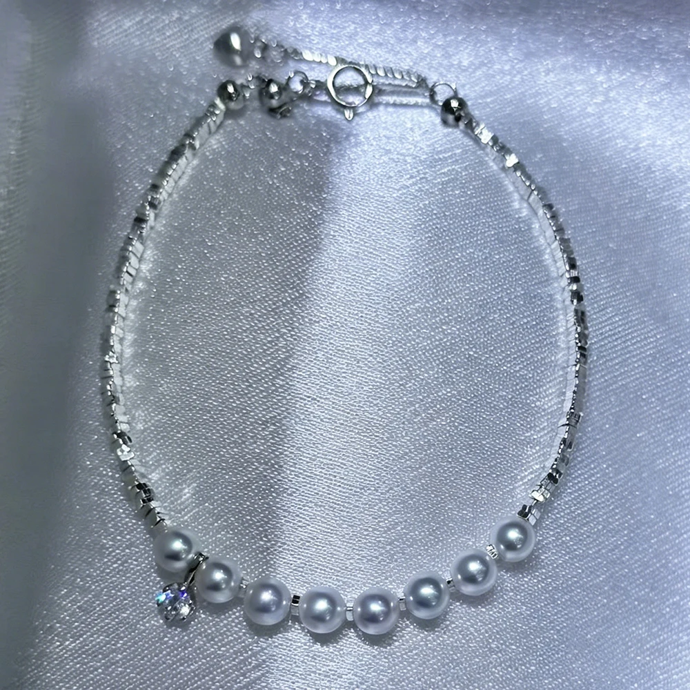 4–5mm Cool-toned Gray White Real Pearl Bracelet with Textured Silver Perfect for Slender Wrist Must-have for Sophisticated Woman