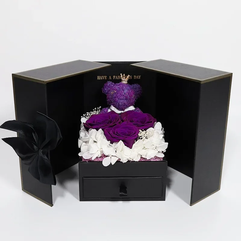 Creative Valentine\'s Day Bear Eternal Flower Gift Box Double Door Rose Necklace Jewelry Box Christmas Gift Lipstick Gift Box