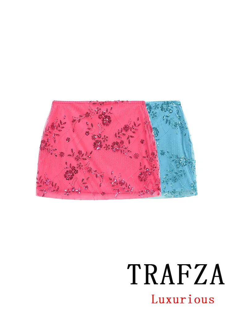 

TRAFZA Vintage Casual Chic Women Solid Skirt Sequined Zipper Short Slim Skirt New Fashion 2025 Summer Female Mini Sheath Skirt