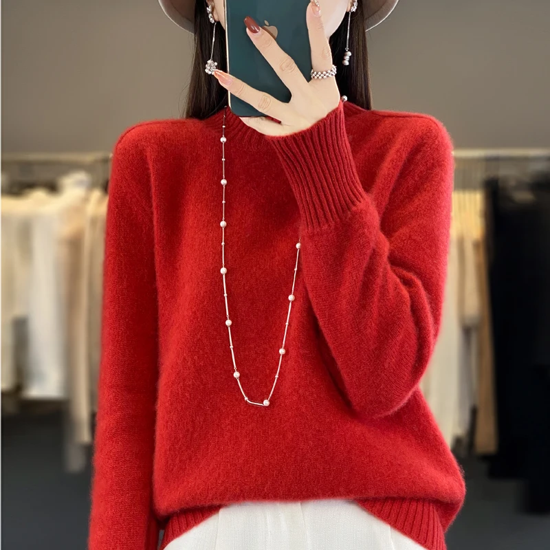 2024 autumn and winter new 100% pure wool women's semi-turtle neck slim Joker sweater loose thickened bottoming shirt.