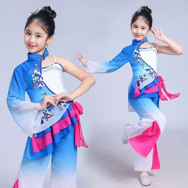 Ombrello Hanfu in stile cinese Danza quadrata Bambini Ragazze classiche Costumi di danza Yangko Danza tradizionale cinese elegante