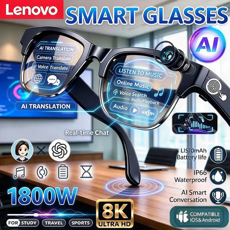 Lunettes intelligentes Lenovo 8K HD avec IA, traduction IA, appels mains libres, enregistrement de conversations IA, lecture de musique, lunettes de soleil intelligentes pour hommes, nouvelle collection 2027