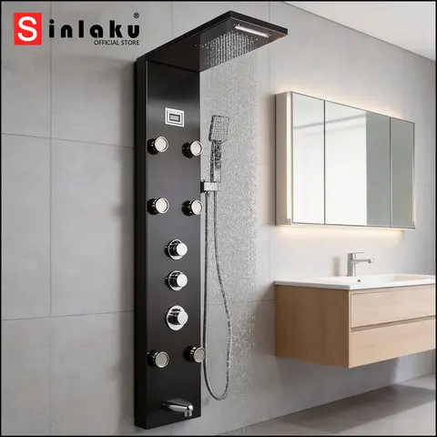 SINLAKU Black Shower Panel Tower System Stainless Steel with Rainfall Shower Head Massage Jets Handheld Sprayer Column Tap