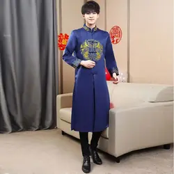 Vestido Cheongsam azul para hombre, traje Tang, botón de seda china, bordado, abertura, estilo chino, boda