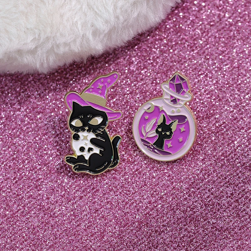 Witch Cats Enamel Pins Custom Black Kitten Spell Book Magic Potion Brooches Lapel Badges Gothic Animal Jewelry Gift for Friends