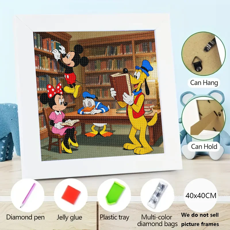 

DIY 5D Full Drill Diamond Painting Kit, Disney Микки Маус Минни Дональд Дак Плутон Чтение в библиотеке Сцена Настенное искусство, мультфильм