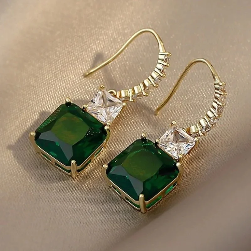 Korean Fashion Square Emerald Dangling Earrings for Women Gemstone Zircon Green Stone Drop Earring Engagement Wedding Jewelry