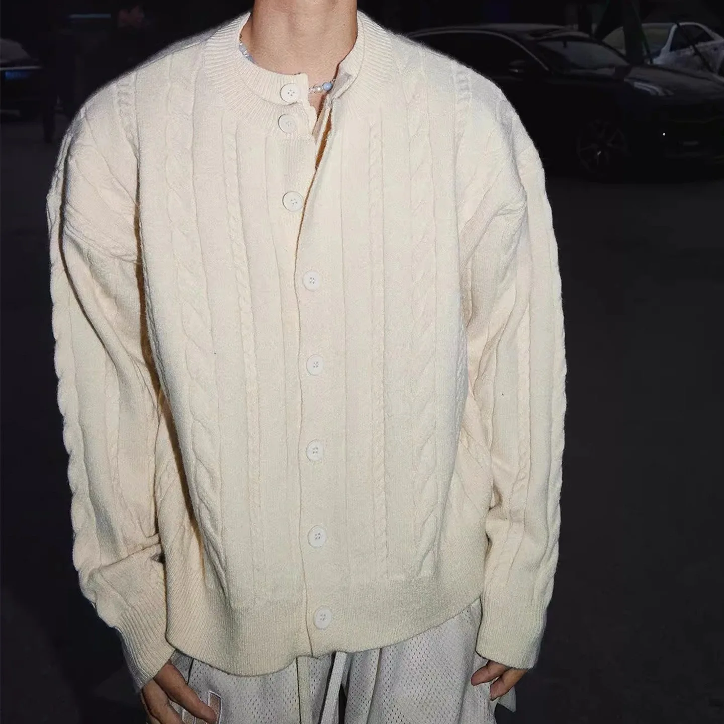 

2025 Autumn Winter New Cream Color Round Neck Button Cardigan Men Twisted Knit Texture Loose Casual Top