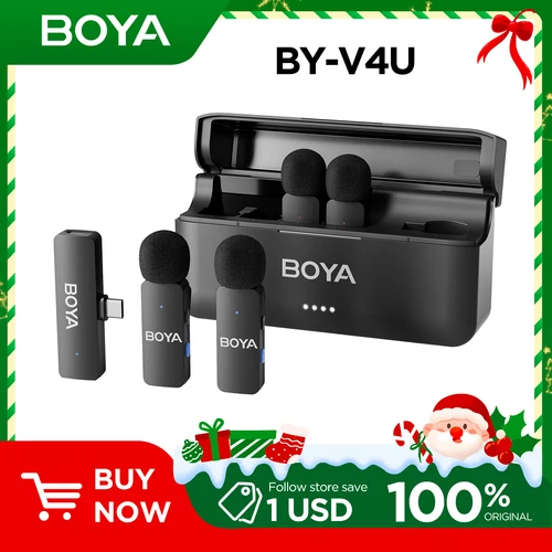 BOYA BY-V4 Mirófono de solapa Lavalier inalámbrico 4 Uds micrófono recargable con cancelación de ruido para cámara iPhone Android transmisión en vivo
