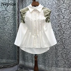 Neploe Turn Down Collar Single-breasted Blouse Pleated Drawstring Patchwork Shirts Korean 2024 Fashion Loose Casual Blusas